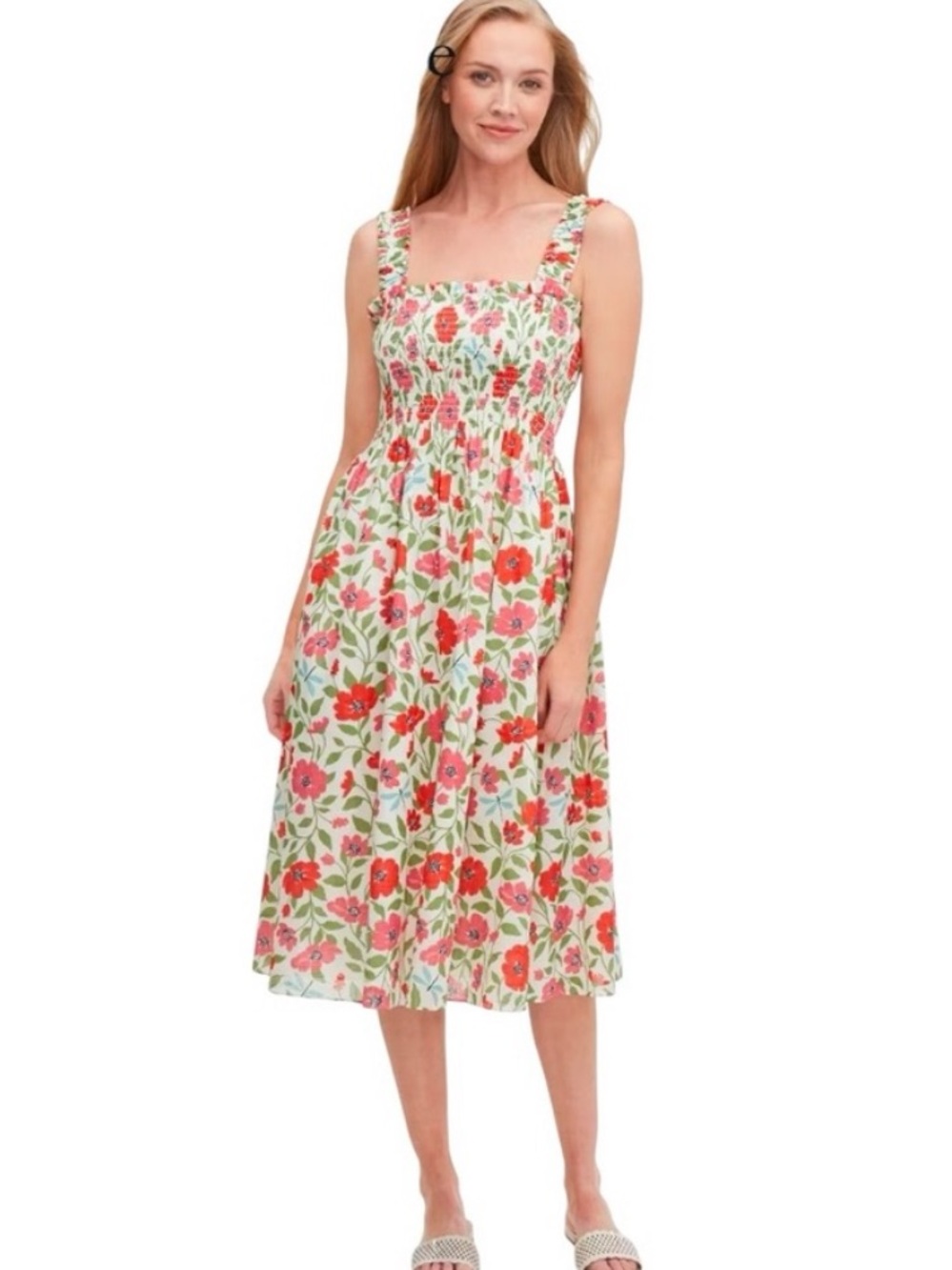 Kate Spade Bold Garden Blooms Floral Print Smocked Midi Dress Sz S